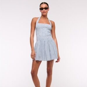 Drop-Waist Smocked Mini Dress - Navy Plaid - Small Petite